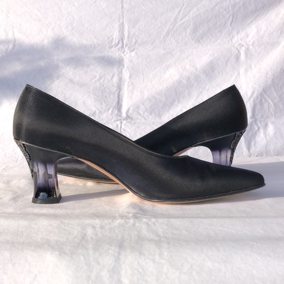 Salvatore Ferragamo “Boemia,” Black Silk Like Fabric, 2.75” Lucite Heel w/Lace - Picture 7 of 16
